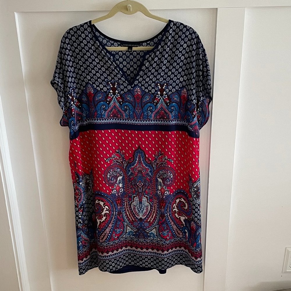 Signature Studio Dress Red Blue Short Sleeve w/pockets sz Large